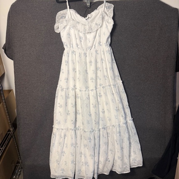 Womens L White Maxi Dress Floral Swiss Dot Tiered Ruffle Sleeve Cottage Prairie - Picture 3 of 11